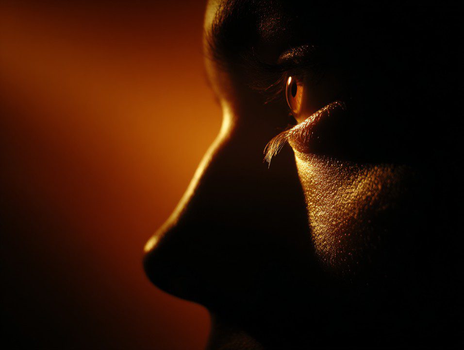 Extreme close-up of a human face in silhouette illuminated by a warm orange light, emphasizing emotion, texture, and atmosphere.