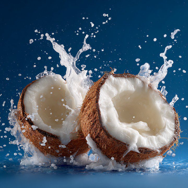 Two fresh coconut halves splashing in water on a blue background, symbolizing tropical freshness and natural hydration.