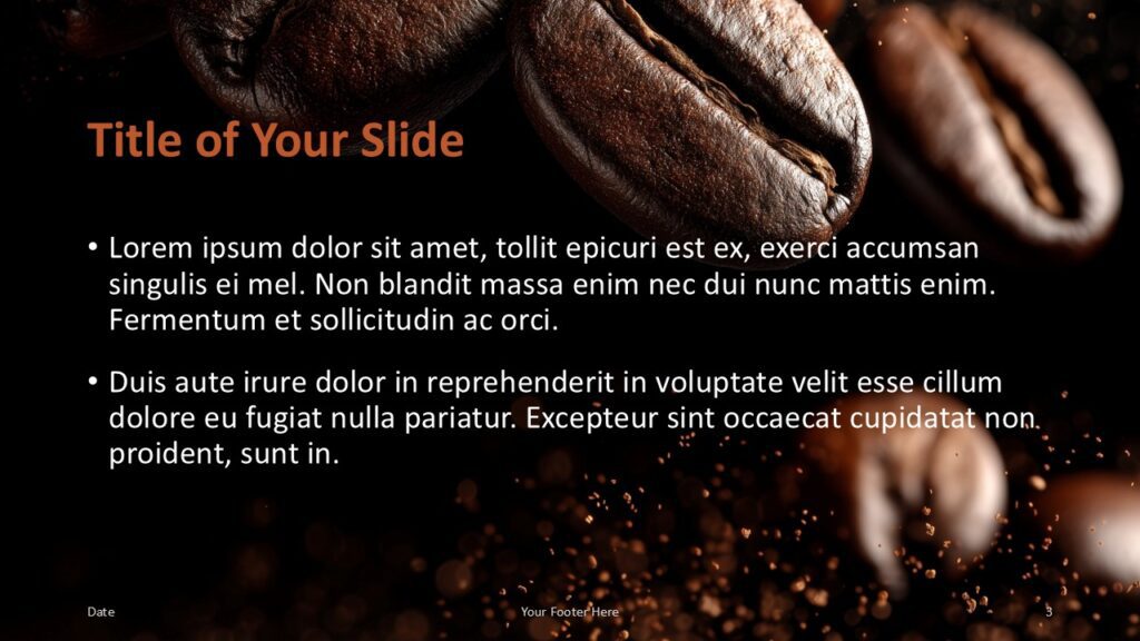 Coffee Aroma Content Slide for PowerPoint and Google Slides Content layout slide with coffee bean background and warm copper title text for Coffee Aroma template in PowerPoint and Google Slides.