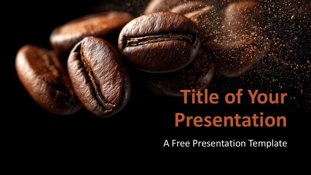 Coffee Aroma Cover Slide for PowerPoint and Google Slides Cover slide of Coffee Aroma presentation template with close-up roasted coffee beans on black background for PowerPoint and Google Slides.