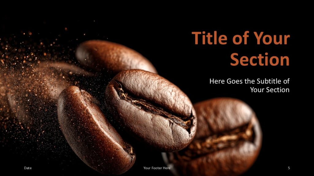 Coffee Aroma Divider Slide for PowerPoint and Google Slides Elegant section divider slide from Coffee Aroma presentation showing roasted coffee beans on dark background for PowerPoint and Google Slides.