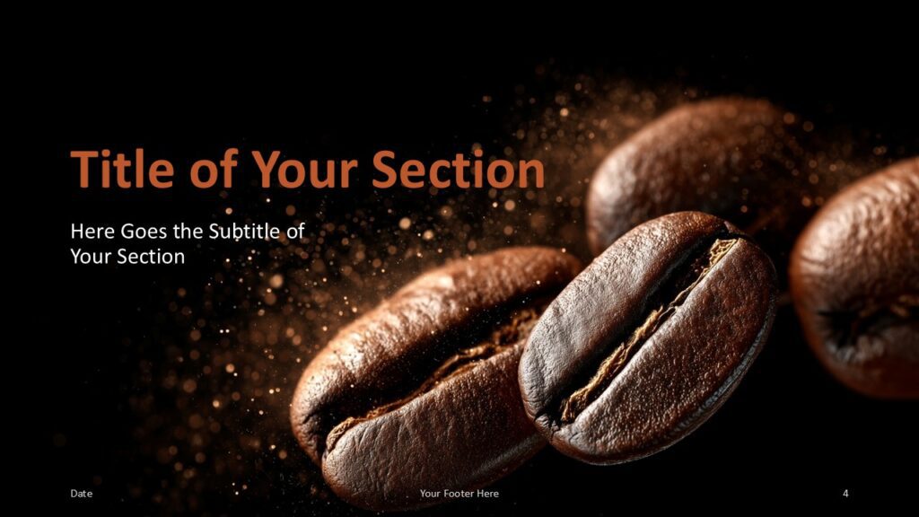 Coffee Aroma Section Divider for PowerPoint and Google Slides Section divider slide from Coffee Aroma template with coffee beans in motion and dark espresso tones for PowerPoint and Google Slides.