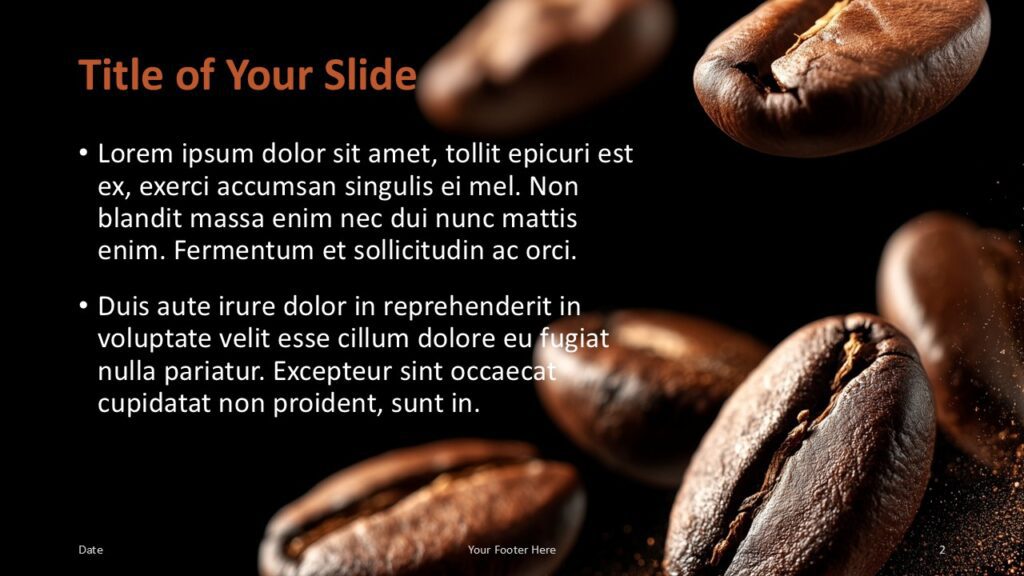 Coffee Aroma Title Slide for PowerPoint and Google Slides Coffee Aroma template title and content layout featuring coffee beans and minimalist design for PowerPoint and Google Slides presentations.