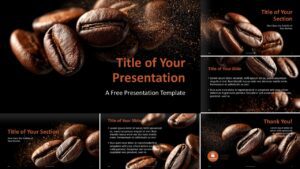 Widescreen preview of Coffee Aroma template showing elegant coffee bean background and copper typography for PowerPoint and Google Slides.