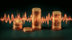 3D golden coin stacks with vibrant sound wave lines, representing financial data, investment energy, or market activity.