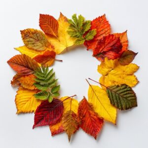 Circular wreath made of vibrant autumn leaves in red, yellow, orange, and green tones arranged on a white background.