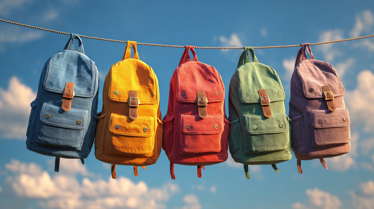 Five colorful backpacks hanging on a rope outdoors with a blue sky and clouds in the background, representing back-to-school season and student readiness.