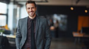 Confident businessman smiling in a modern office, wearing a gray suit and black tie, representing leadership and success.