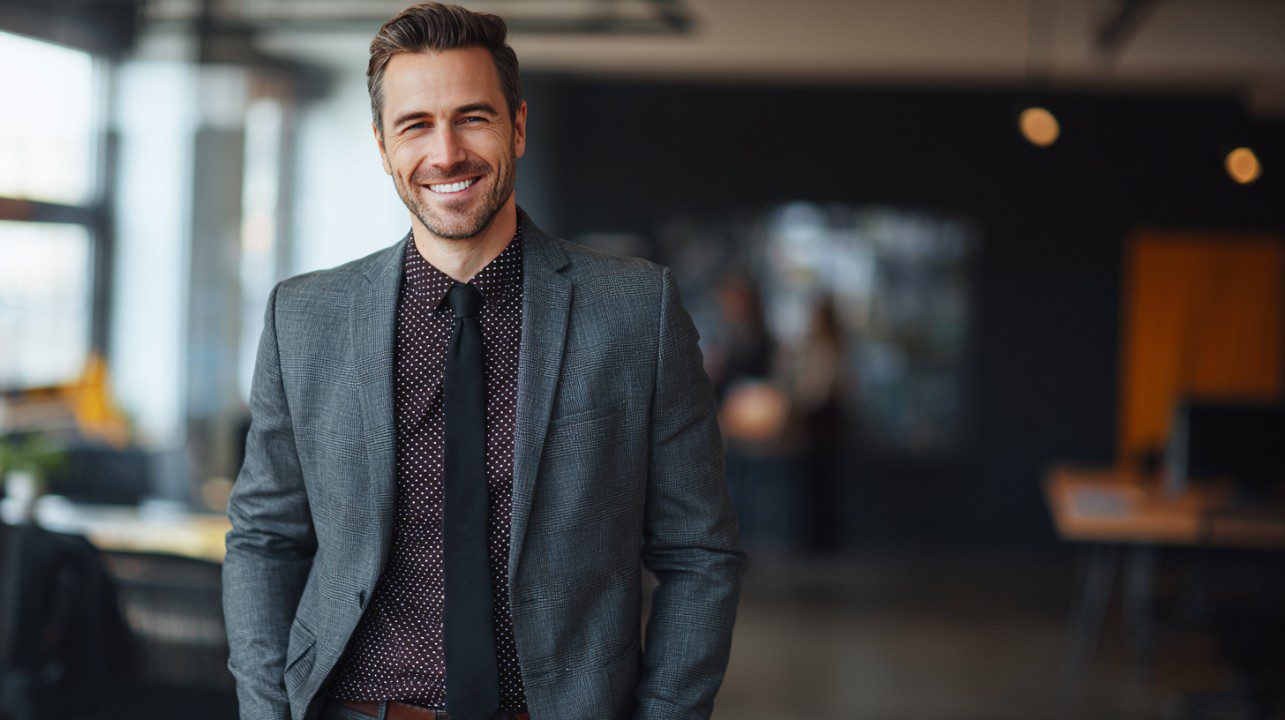 Confident businessman smiling in a modern office, wearing a gray suit and black tie, representing leadership and success.