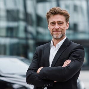 A confident middle-aged businessman in a black suit with a white shirt standing outside a modern glass office building, arms crossed.