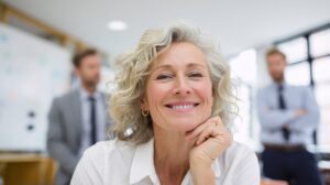 Smiling mature businesswoman in white blouse, sitting confidently in a modern office with colleagues in the background, representing leadership and experience.