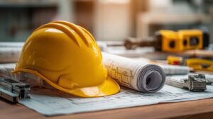 Yellow construction safety helmet on top of architectural blueprints with tools, symbolizing engineering, planning, and workplace safety.
