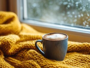 Steaming coffee mug with foam resting on a yellow knitted blanket beside a window with rain outside, creating a cozy and comforting atmosphere.