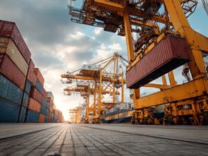 Large yellow cranes lift cargo containers at a busy shipping port with stacks of freight and industrial equipment under a partly cloudy sky.
