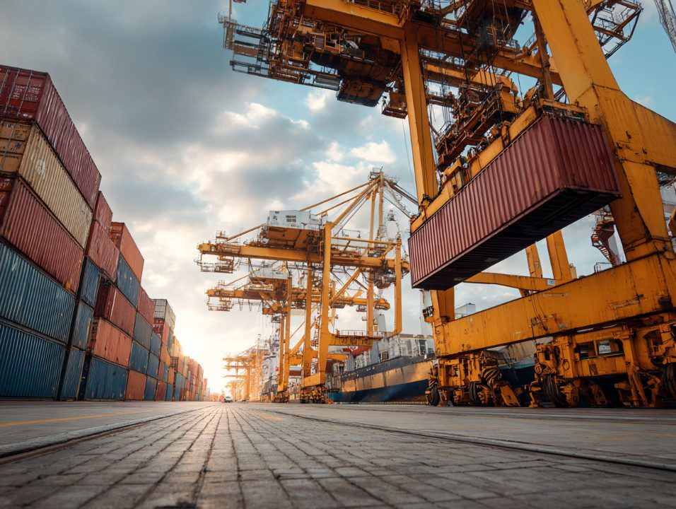 Large yellow cranes lift cargo containers at a busy shipping port with stacks of freight and industrial equipment under a partly cloudy sky.