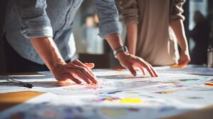 Hands of team members collaborating on design plans at a table, symbolizing teamwork, creativity, and strategic innovation.