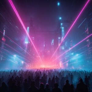 Crowd at a cyberpunk EDM festival with vibrant pink and blue laser lights and futuristic stage.