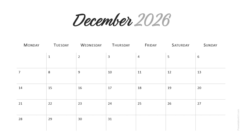 December 2026 slide of Minimal 2026 Calendar with clean monthly layout for PowerPoint and Google Slides.