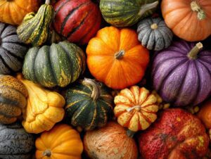 Top-down view of assorted decorative pumpkins in vibrant fall colors and textures, perfect for autumn or Thanksgiving visuals.