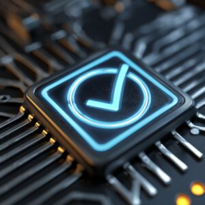 Glowing blue checkmark icon embedded on a futuristic circuit board, representing digital validation and secure system approval.