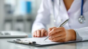 Close-up of a doctor writing on a clipboard in a medical office, representing healthcare, patient care, and clinical documentation.