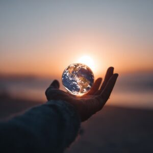 A hand holding a glowing Earth with a sunset in the background, symbolizing global unity, environmental care, and human responsibility.
