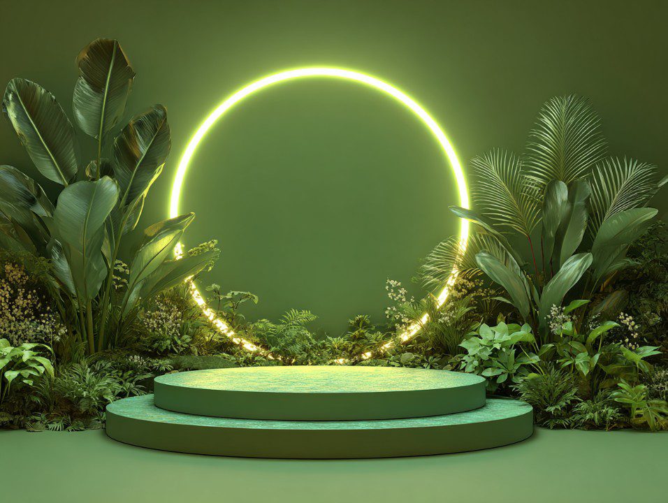 Stylized eco podium scene with green neon circle and lush tropical plants for sustainable or nature-themed branding.