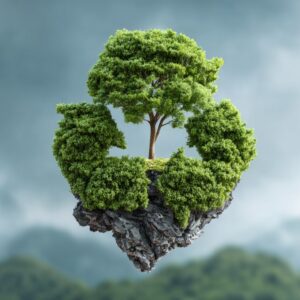 Recycling symbol made of trees on floating rock, symbolizing eco-friendliness and sustainability.