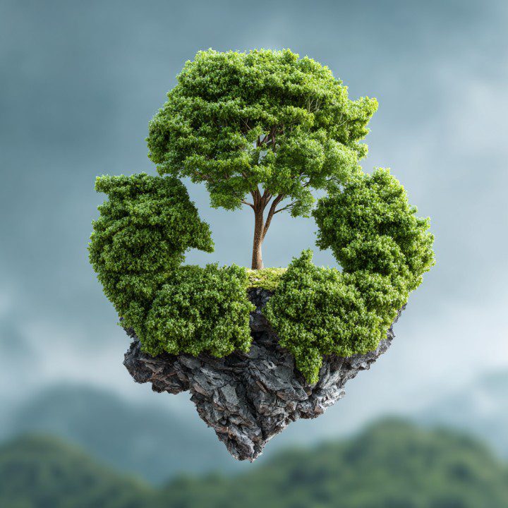 Recycling symbol made of trees on floating rock, symbolizing eco-friendliness and sustainability.