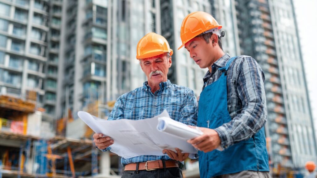 Two engineers wearing hard hats examining construction blueprints on a high-rise building site, symbolizing planning and collaboration.