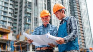 Two engineers wearing hard hats examining construction blueprints on a high-rise building site, symbolizing planning and collaboration.