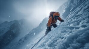 Climber in orange gear ascending a steep icy mountain slope amid snow and fog, representing extreme adventure and endurance.