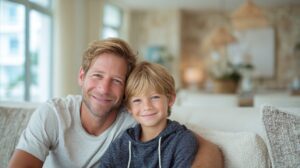 Father and son smiling while sitting on a comfortable couch at home, showcasing warmth, happiness, and family bonding.