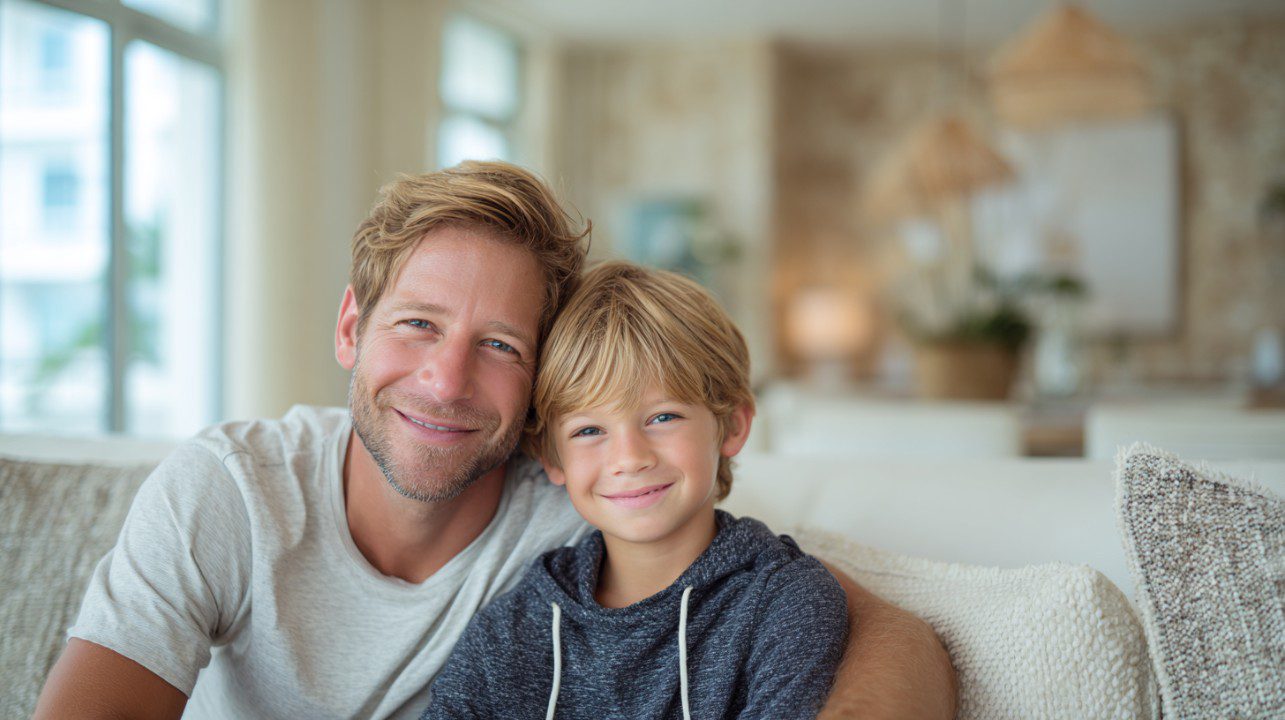 Father and son smiling while sitting on a comfortable couch at home, showcasing warmth, happiness, and family bonding.