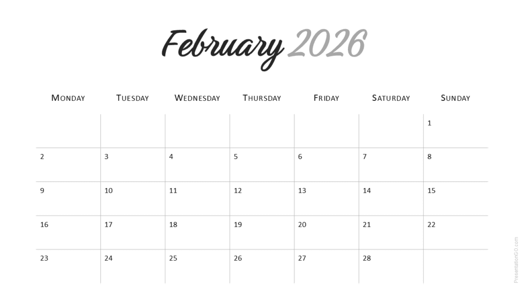 February 2026 slide of Minimal 2026 Calendar with clear week layout for PowerPoint and Google Slides.