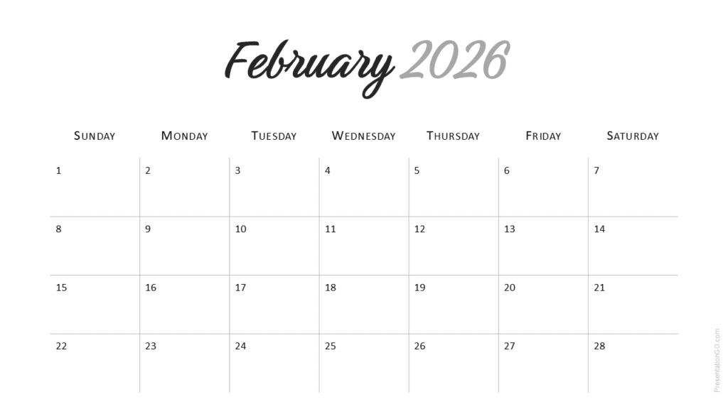 February 2026 Minimal Calendar (Sunday Start) February 2026 slide from the Minimal 2026 Calendar with clean monthly layout for PowerPoint and Google Slides.