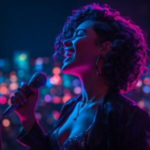 Vibrant close-up of a woman singing with a microphone under neon pink and blue lights, evoking energy, music, and nightlife.