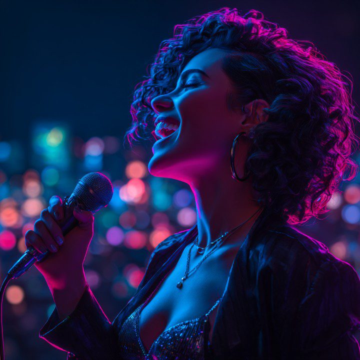 Vibrant close-up of a woman singing with a microphone under neon pink and blue lights, evoking energy, music, and nightlife.