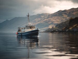 Modern fishing boat on calm water with rugged Scottish mountains in the background, capturing maritime tranquility and scenic beauty.