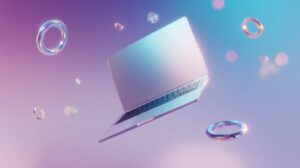 Stylized laptop floating in a dreamy gradient space with glowing rings, representing futuristic technology and digital innovation.