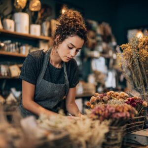 Young female florist in an apron arranging dried flowers in a cozy retail flower shop.