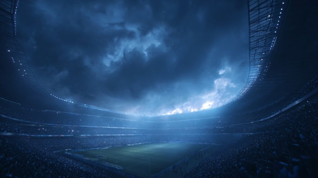 Panoramic view of a football stadium filled with fans under dramatic blue lighting and stormy skies, capturing excitement and grandeur.