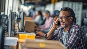 Freight broker on a phone call at his desk surrounded by computer monitors, shipping boxes, and coworkers in a busy logistics office.
