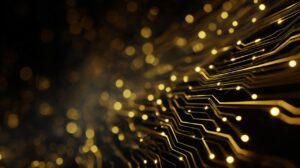 Abstract image of golden circuit lines glowing on a dark background, symbolizing AI, data networks, and futuristic technology.