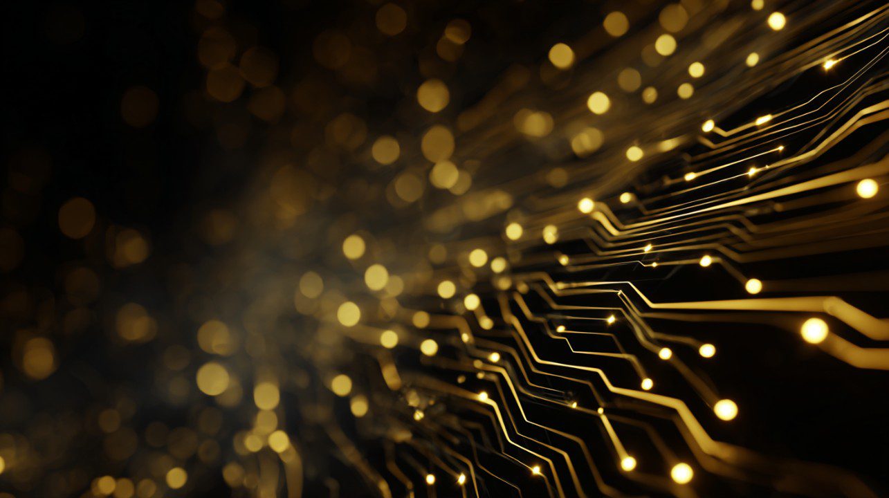 Abstract image of golden circuit lines glowing on a dark background, symbolizing AI, data networks, and futuristic technology.