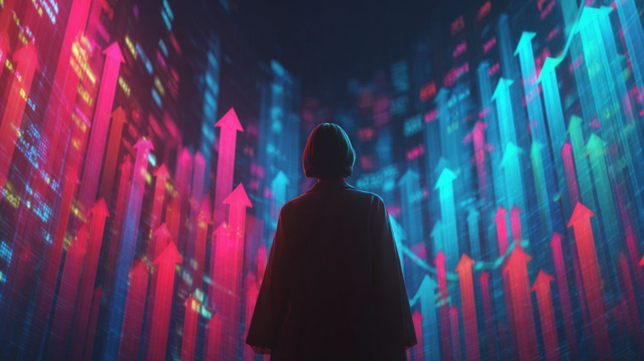 Silhouette of a futuristic business strategist analyzing glowing data streams and rising market arrows in a neon digital environment.