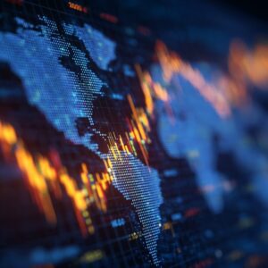 Digital world map with glowing financial charts and data lines, symbolizing global trading, investment, and market analytics.