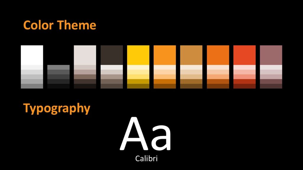 Golden Flow Color Palette and Typography Overview Slide showing warm amber-to-gold palette and Calibri font combination, designed for cohesive PowerPoint and Google Slides templates.