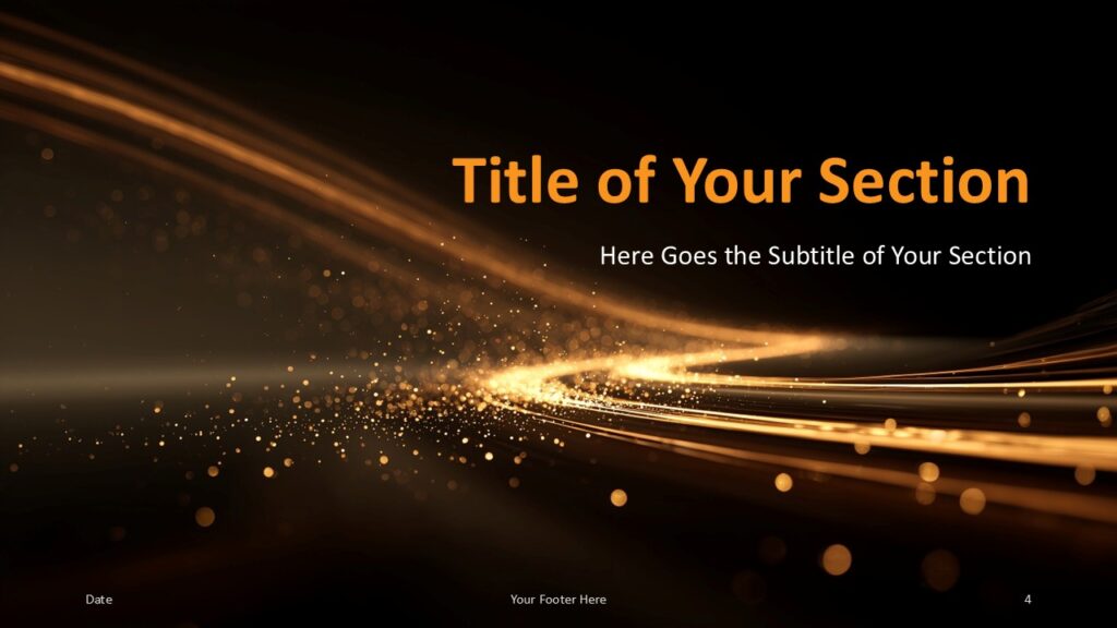 Golden Flow Section Divider Slide – Subtitle Format Bold section divider featuring a glowing curve and elegant centered titles, perfect for professional PowerPoint transitions.