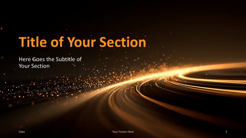 Golden Flow Divider Slide – Modern Golden Background Luxurious dark slide with curved amber lights and elegant section title typography for PowerPoint and Google Slides users.